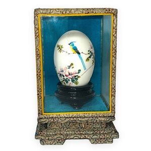 Vintage Japanese Hand Painted Egg Bird Floral Enclosed in Silk Covered Glass Box